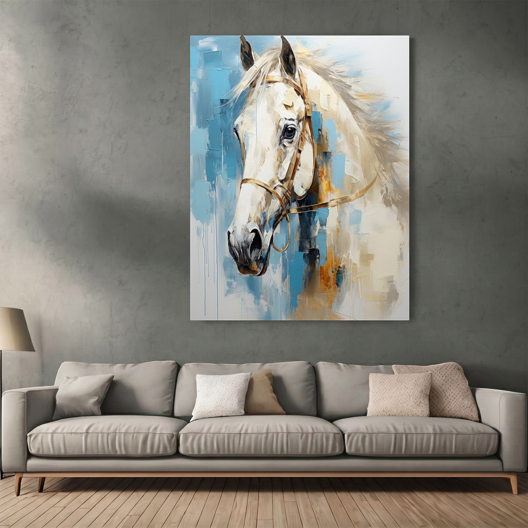 Wadi Home abstract horse portrait canvas print featuring expressive brushstrokes in cream, earth tones, and vibrant blue.