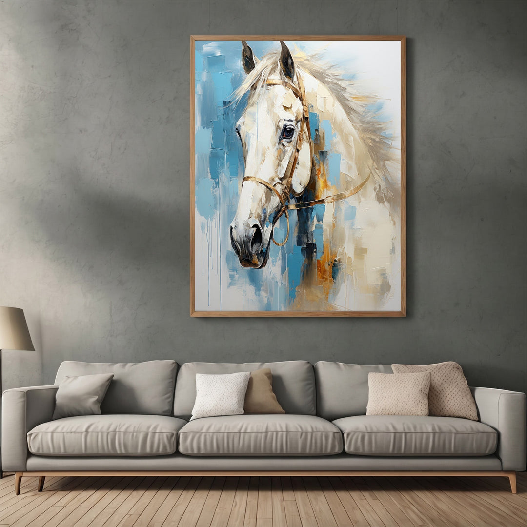 Wadi Home abstract horse portrait canvas print featuring expressive brushstrokes in cream, earth tones, and vibrant blue.