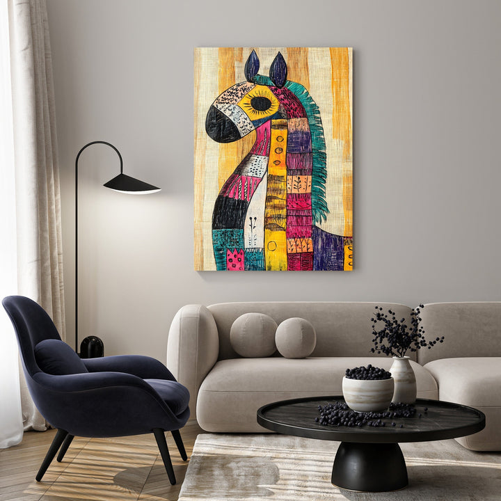 Wadi Home abstract horse wall art with colorful mosaic pattern on textured background.