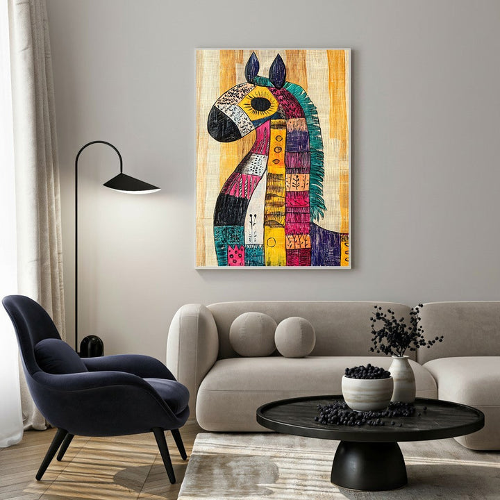 Wadi Home abstract horse wall art with colorful mosaic pattern on a textured background.