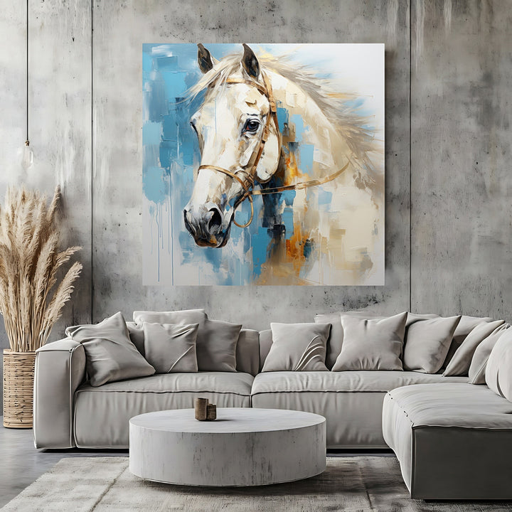 Wadi Home abstract horse portrait wall art print featuring painterly brushstrokes in white, earth tones, and azure blue.