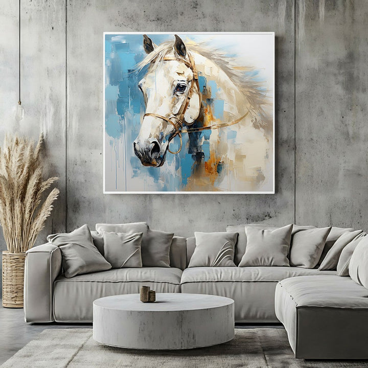 Wadi Home abstract horse portrait wall art print with painterly blue and earth tones hanging above a modern sofa.