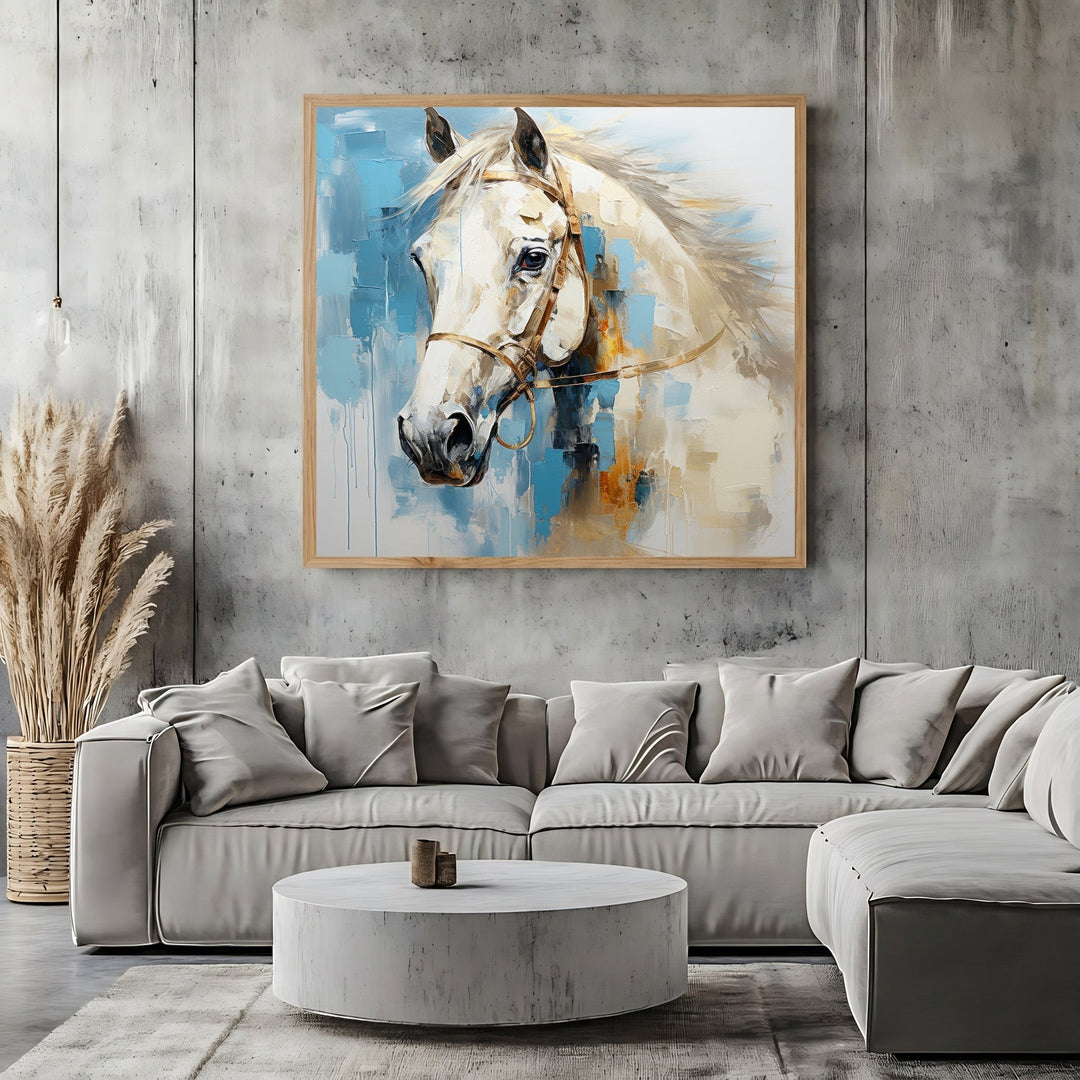 Wadi Home abstract horse portrait wall art print with blue and earth tone brushstrokes in a modern living room.