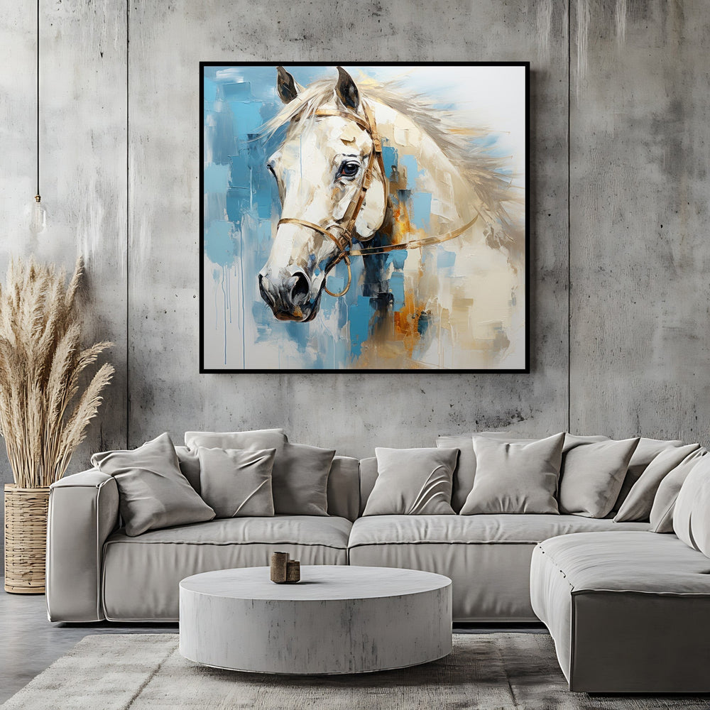 Wadi Home abstract horse portrait wall art print with blue and earth tones hanging above a modern grey sofa.