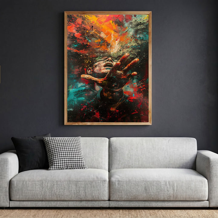 Wadi Home abstract expressionist human figure framed wall art with vibrant red and blue brushstrokes above a sofa.