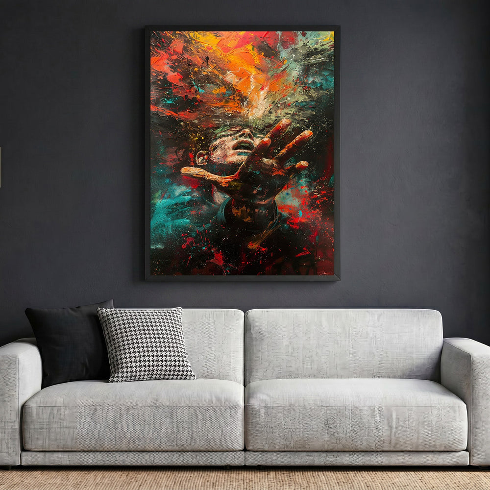 Wadi Home abstract expressionist human figure framed wall art with vibrant red, blue, and gold paint splashes.