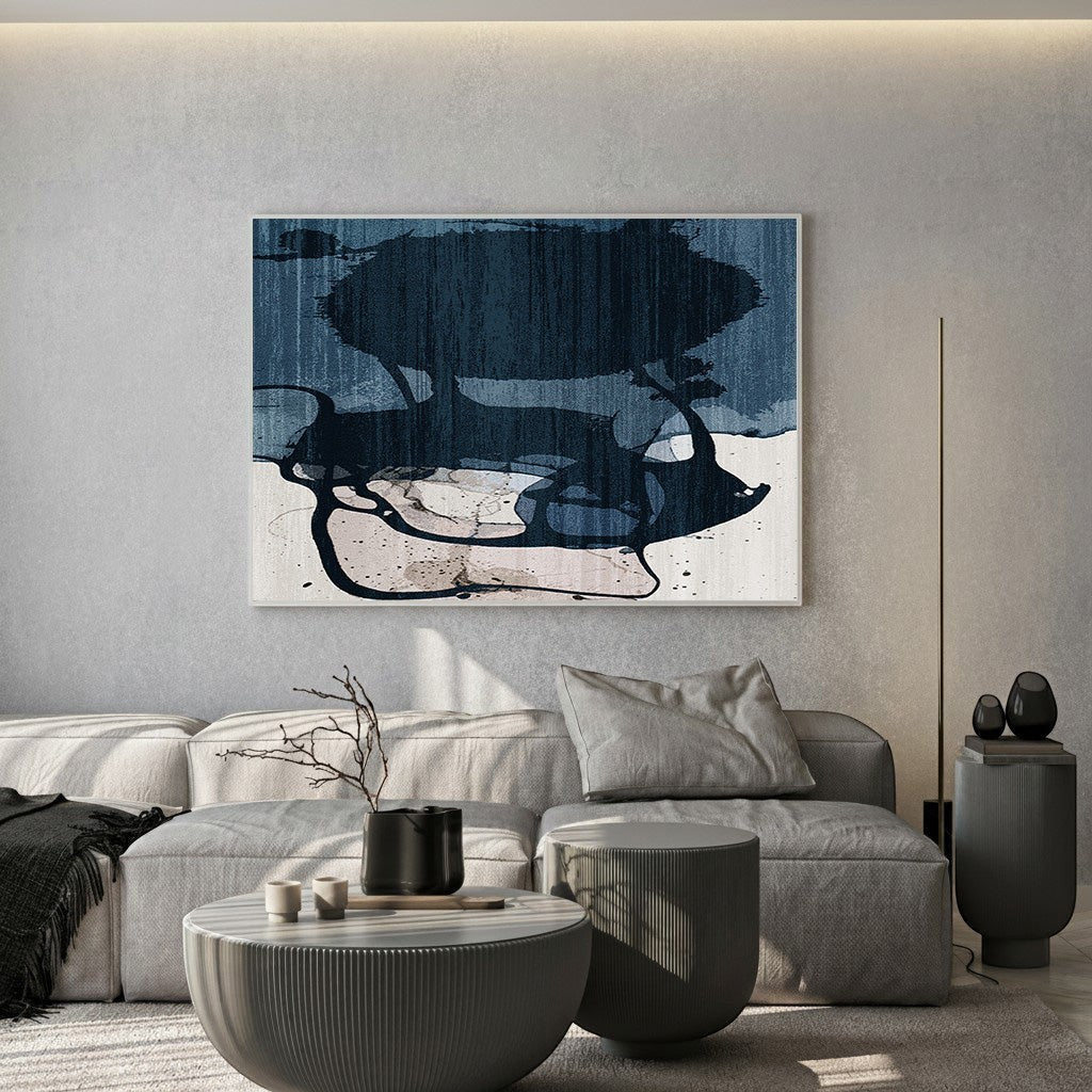 Wadi Home abstract ink wash landscape wall art in deep blues and earthy tones, modern minimalist elegance.