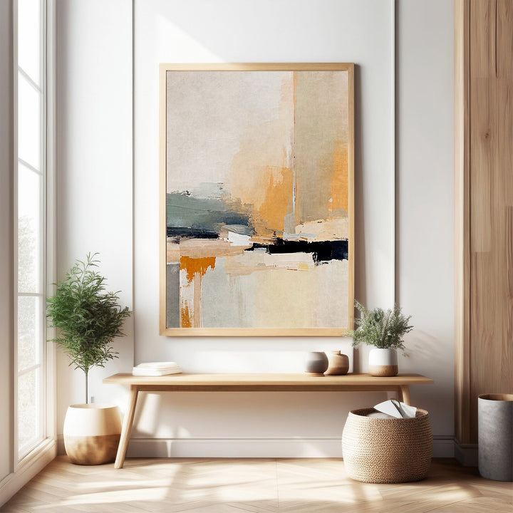 Wadi Home abstract landscape canvas art with ochre, grey, and cream tones. Textured brushstrokes add modern sophistication.