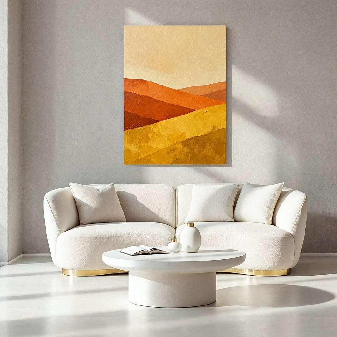 Wadi Home abstract landscape canvas art with ochre, burnt orange, and golden yellow rolling hills.
