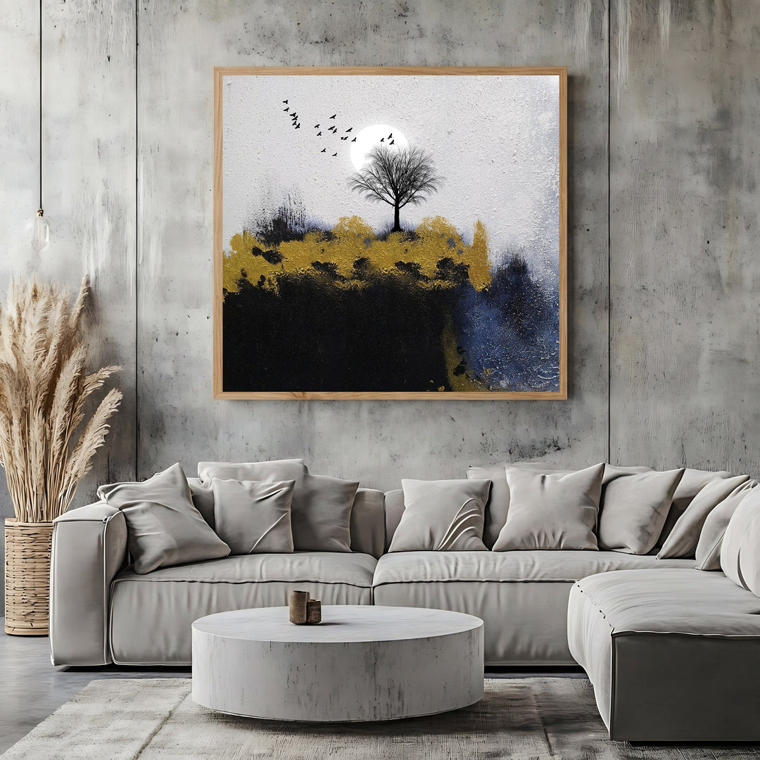 Wadi Home abstract landscape canvas wall art featuring a lone tree, moon, and gold accents in a modern living room.