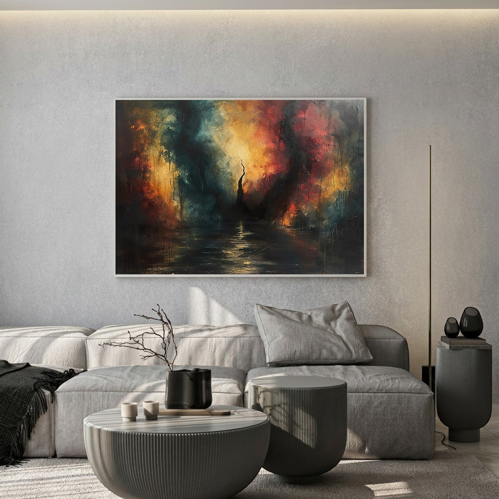 Wadi Home abstract landscape canvas print with teal and orange tones hanging above a modern grey sofa in a living room