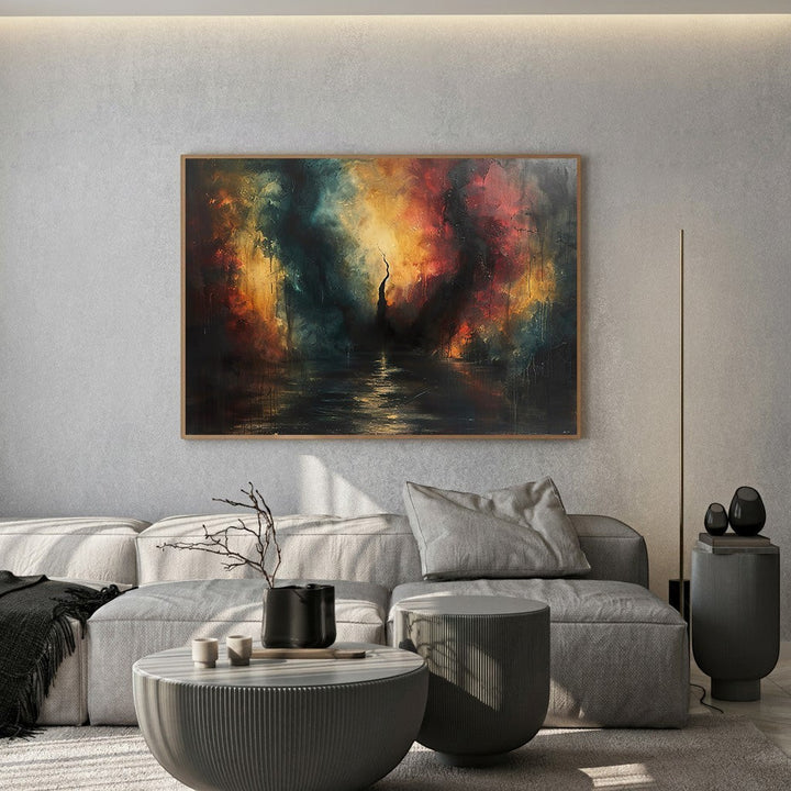 Wadi Home abstract landscape canvas print with teal and orange tones hanging above a modern grey sofa in a living room