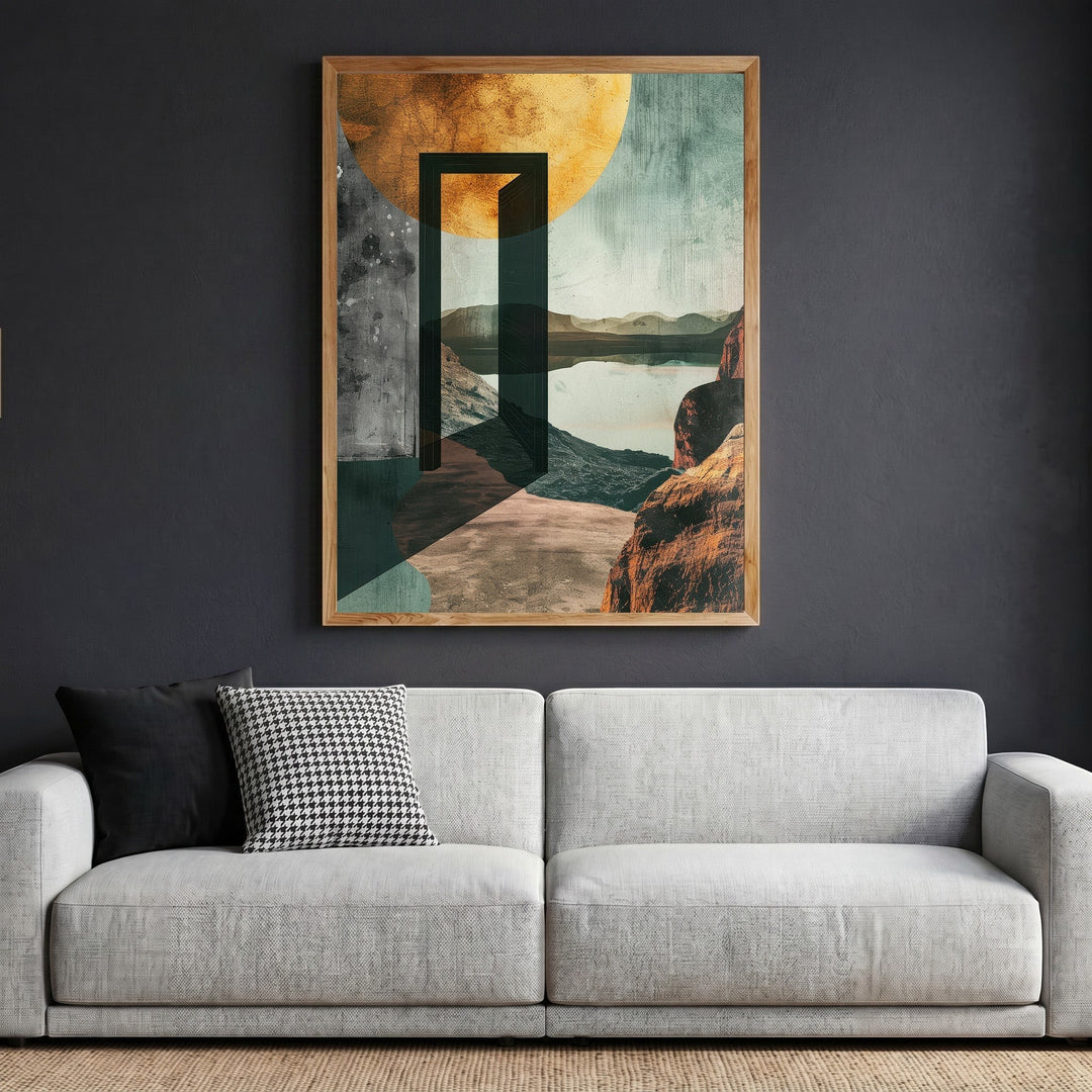 Wadi Home abstract landscape framed wall art featuring a golden sun and open doorway above a modern grey sofa.