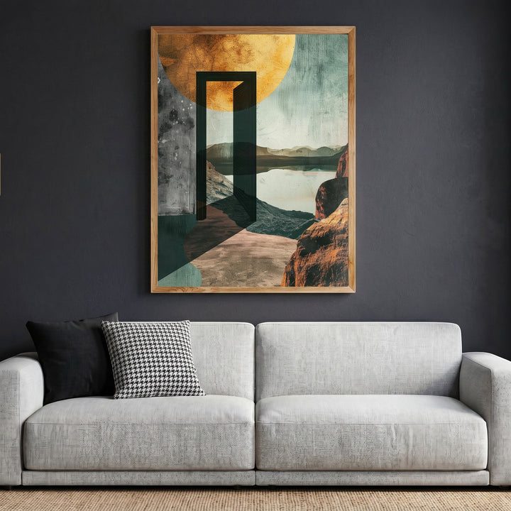 Wadi Home abstract landscape framed wall art featuring a golden sun and open doorway above a modern grey sofa.
