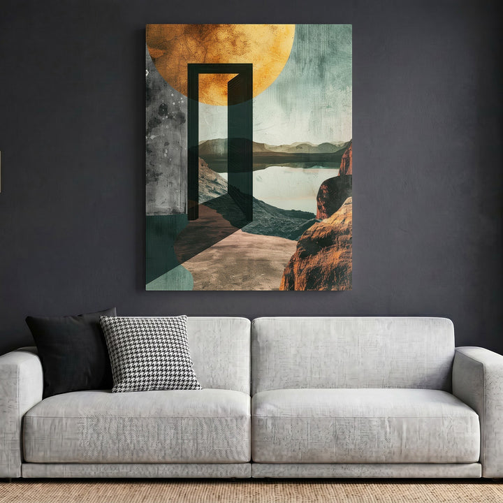 Wadi Home abstract landscape framed wall art featuring a golden sun and open doorway above a modern grey sofa.