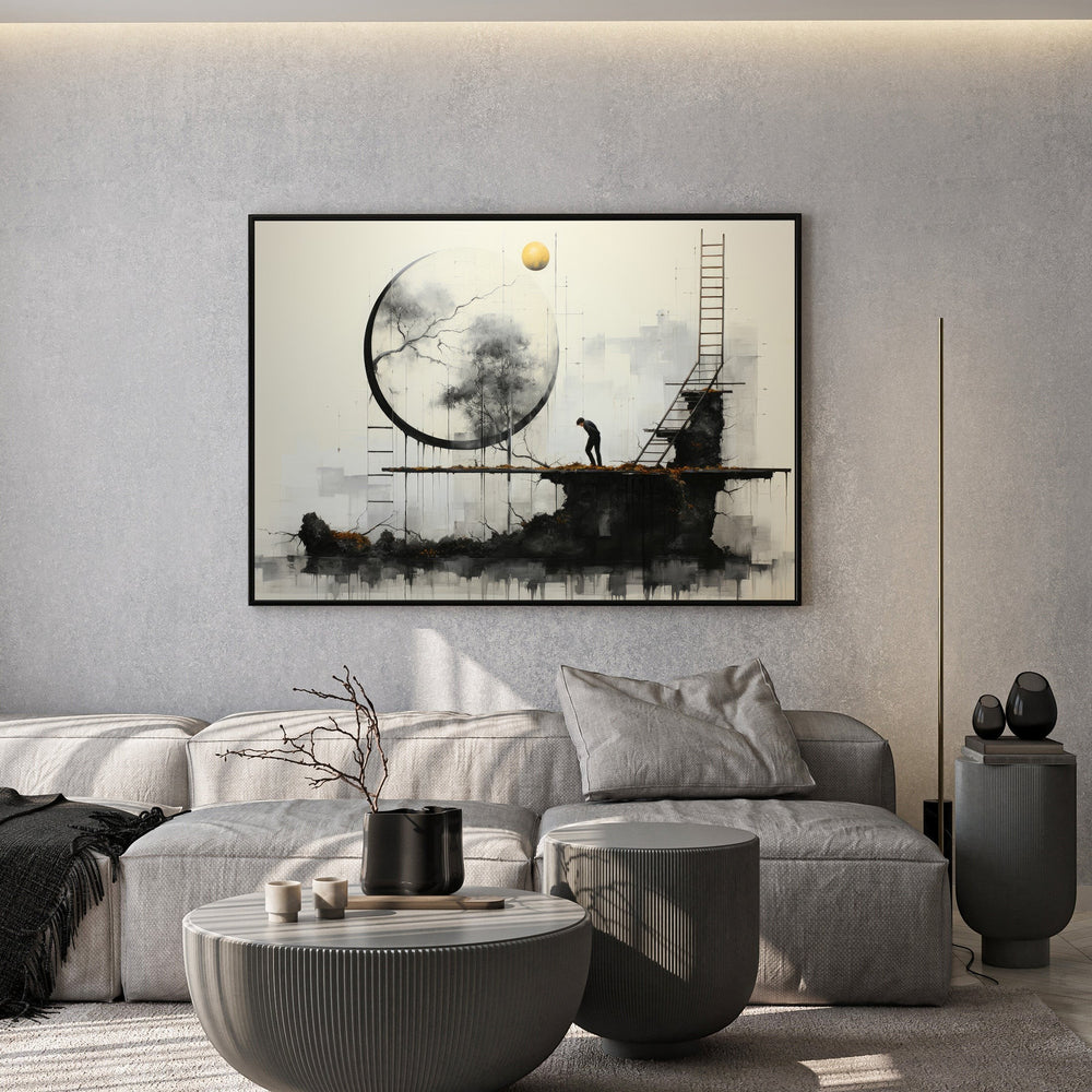 Wadi Home abstract landscape art with moon, tree, figure on ladder, monochromatic with gold accent.