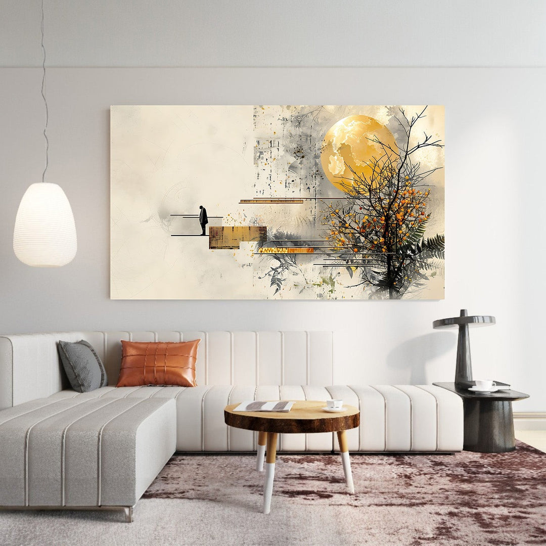 Wadi Home abstract canvas print featuring a yellow moon, bare tree, and solitary figure in a muted landscape.