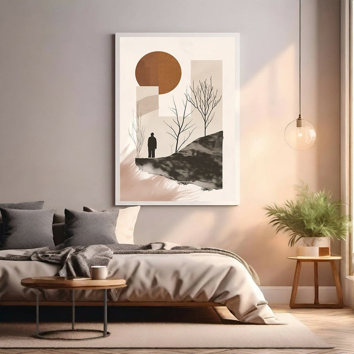 Wadi Home abstract landscape art with solitary figure, earthy tones, barren trees, and minimalist design.