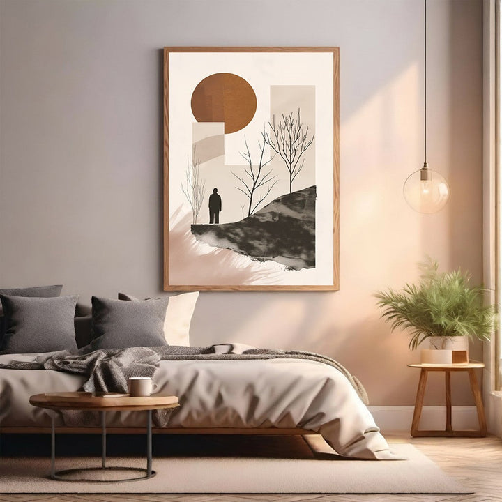 Wadi Home abstract landscape wall art with solitary figure, earthy tones, barren trees, and minimalist design.