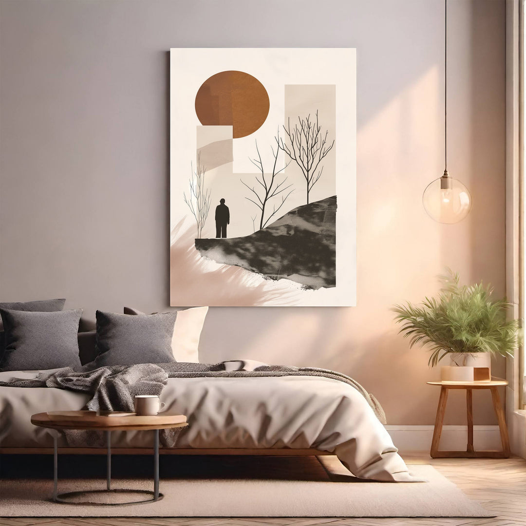 Wadi Home abstract landscape wall art with solitary figure, earthy tones, barren trees, and a large sun.