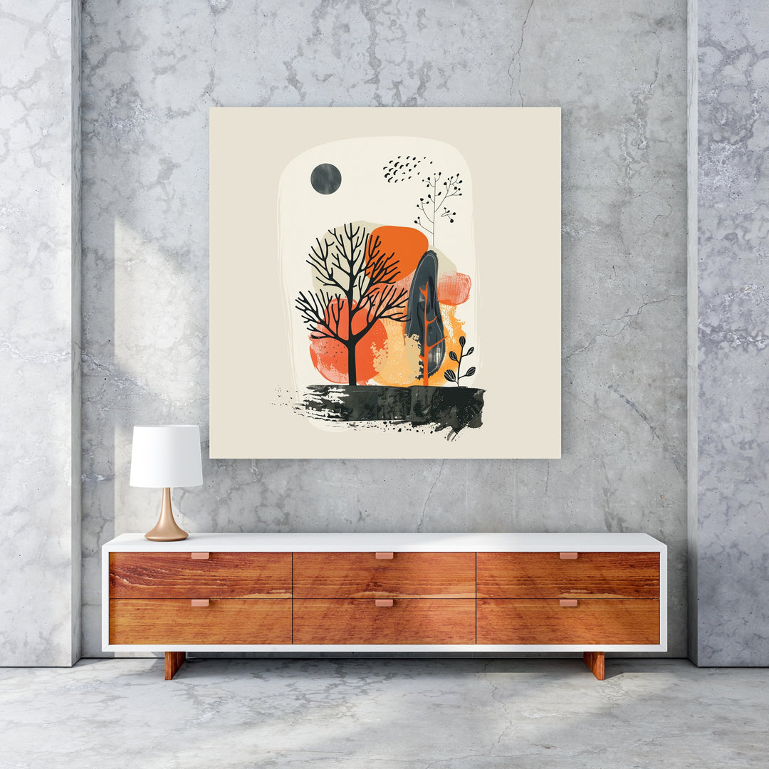 Wadi Home abstract landscape wall art with trees, moon, and warm earthy tones. Modern minimalist design.