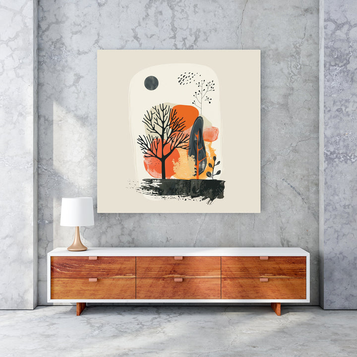 Wadi Home abstract landscape wall art with trees, moon, and warm earthy tones. Modern minimalist design.