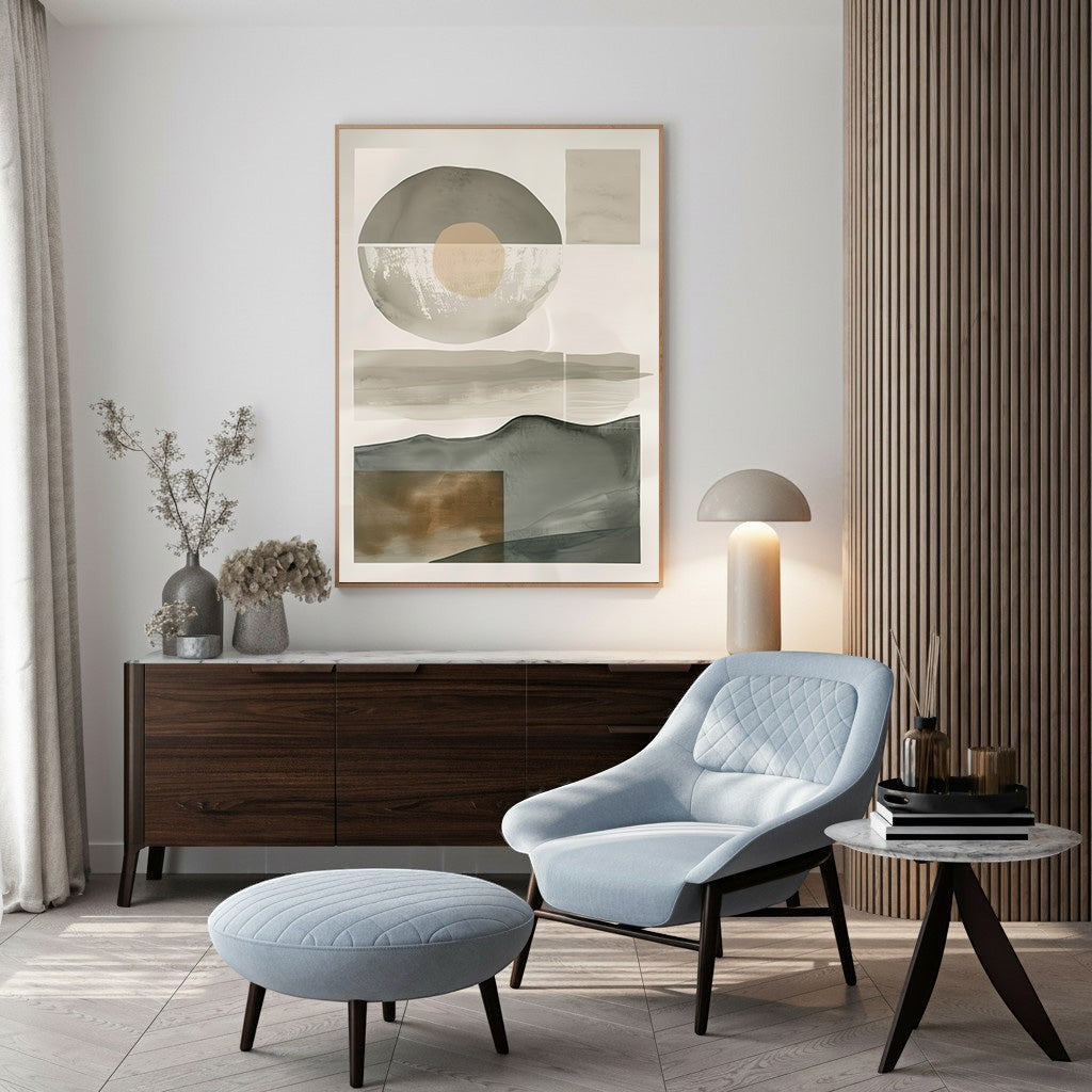 Wadi Home abstract landscape wall art with earthy tones and organic shapes, framed in light wood.
