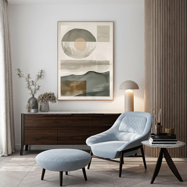 Wadi Home abstract landscape wall art with earthy tones and organic shapes, framed in light wood.