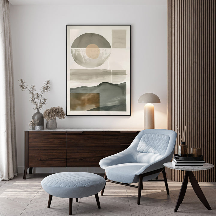 Wadi Home abstract landscape wall art with earthy tones and organic shapes in a modern living room setting.