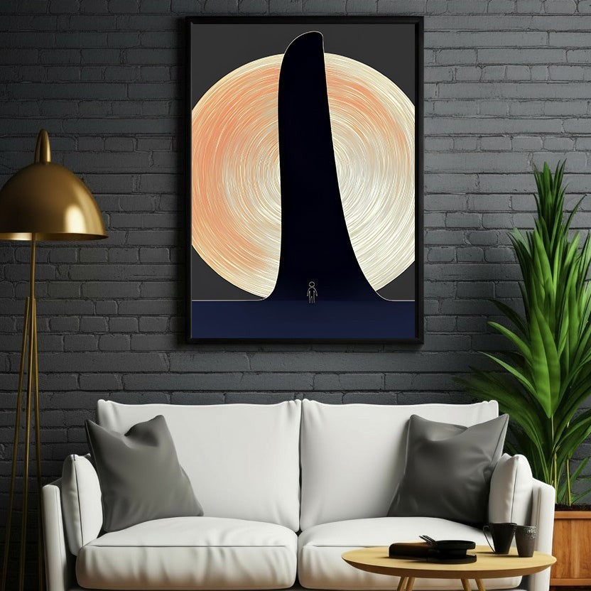 Wadi Home abstract minimalist wall art with dark silhouette against peach and cream textured circle, small figure.