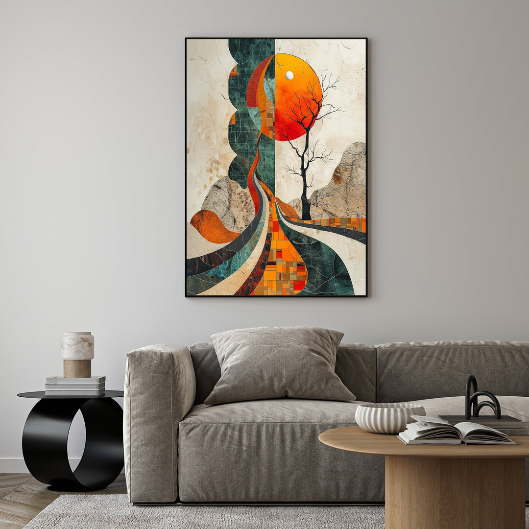 Wadi Home abstract landscape wall art with orange sun, tree, and geometric patterns in warm oranges, greens, and earthy tones.
