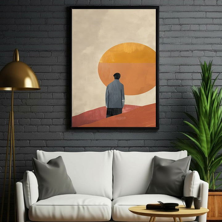 Wadi Home abstract landscape wall art with lone figure gazing at orange sunset, earthy tones, minimalist design.