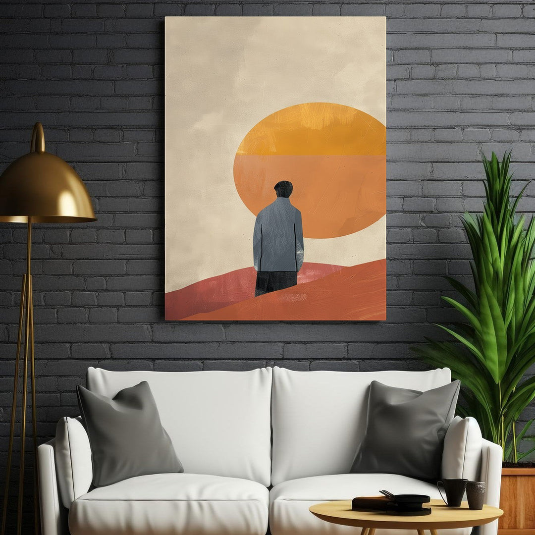 Wadi Home abstract landscape wall art with a lone figure in a grey jacket gazing at an orange sunset. Earthy tones.
