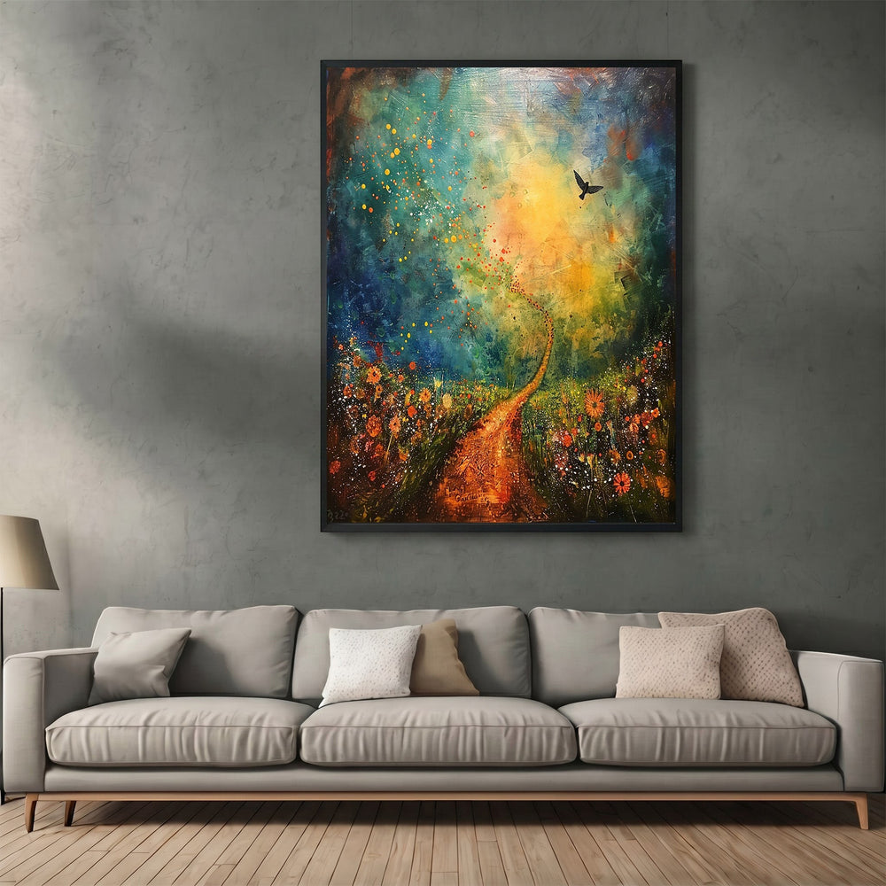 Wadi Home abstract landscape wall art featuring a vibrant meadow path and golden horizon in a modern black frame.