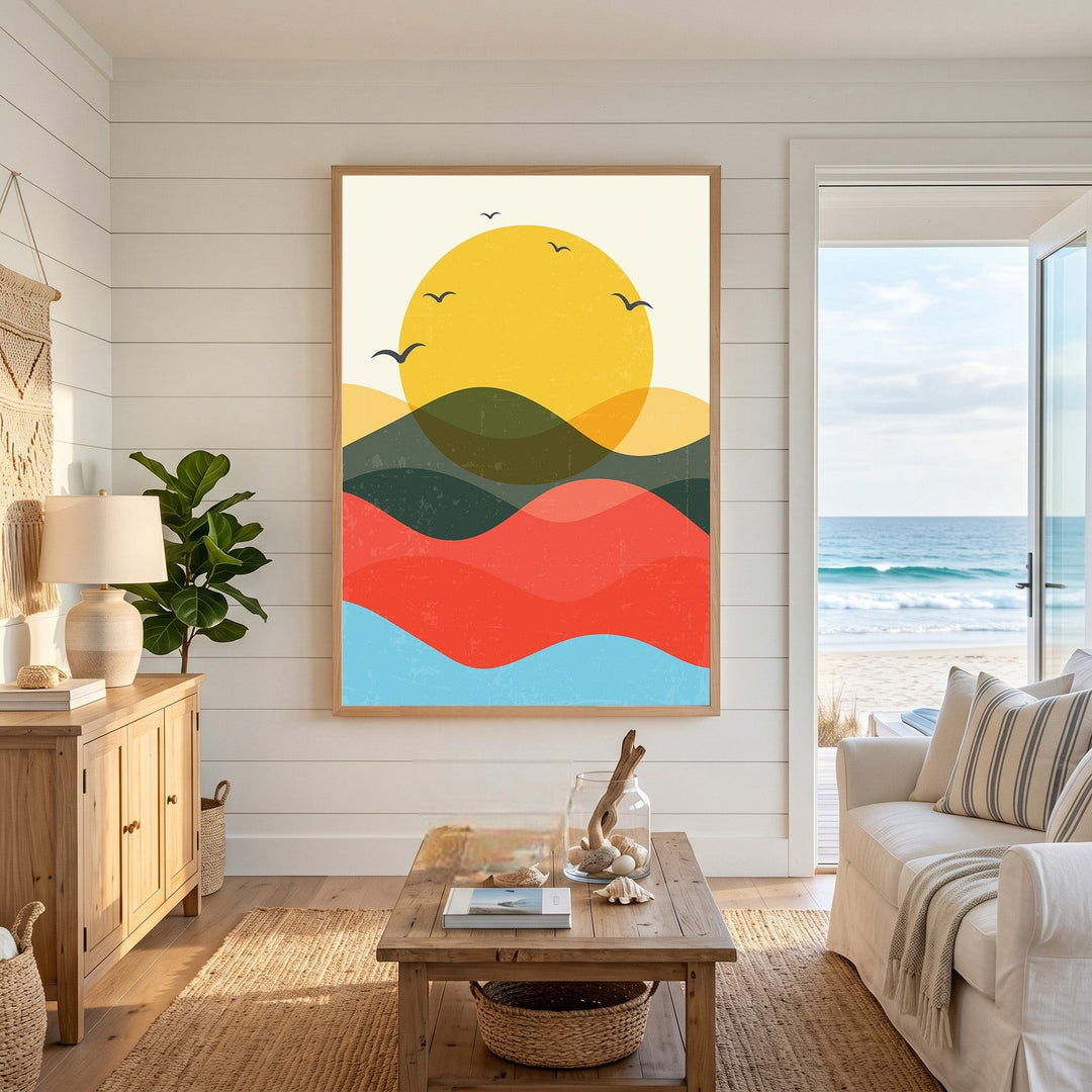 Wadi Home abstract landscape wall art print featuring a golden sun over rolling hills and waves in a coastal room.