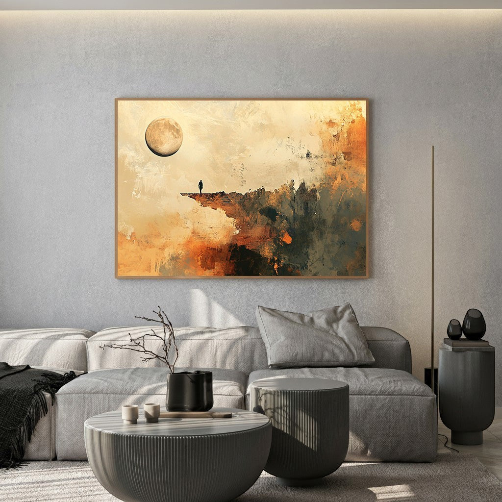 Wadi Home abstract landscape wall art featuring a lone figure on a cliff under a moon in a modern minimalist living room.