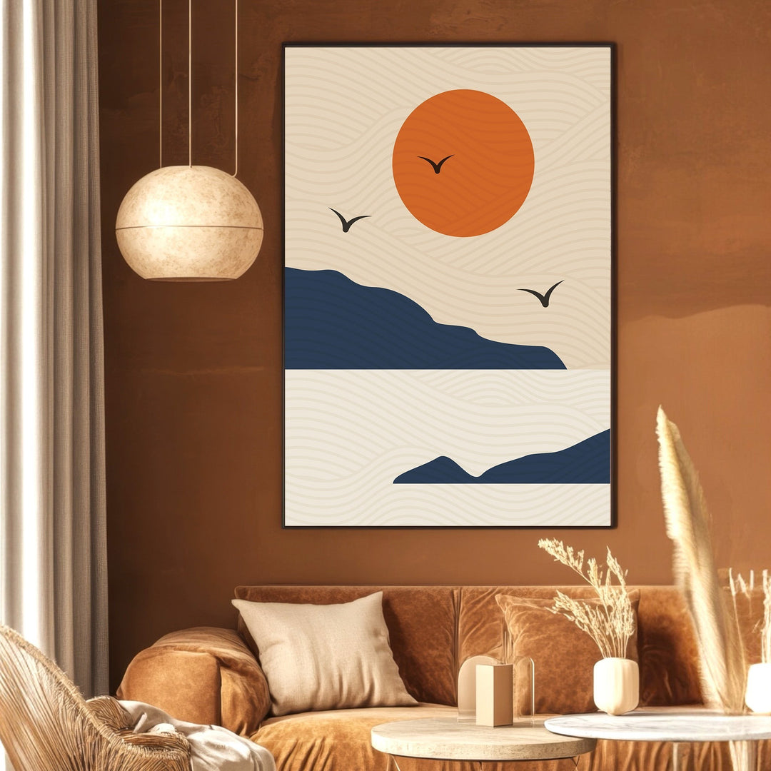 Wadi Home abstract landscape wall art print featuring a burnt orange sun and navy mountains in a modern living room.