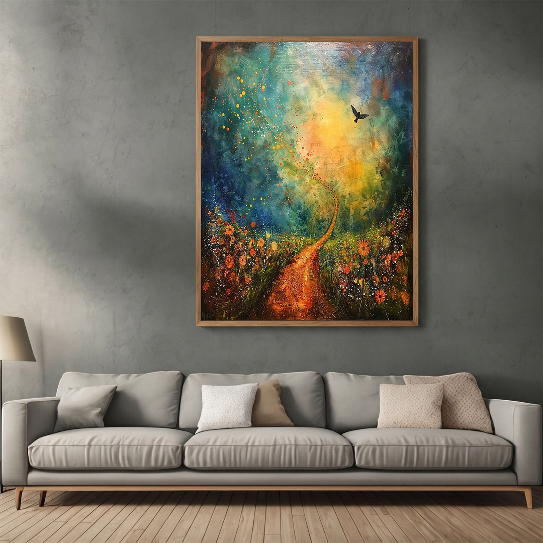 Wadi Home abstract landscape wall art featuring a vibrant meadow path and golden horizon hanging above a grey sofa.