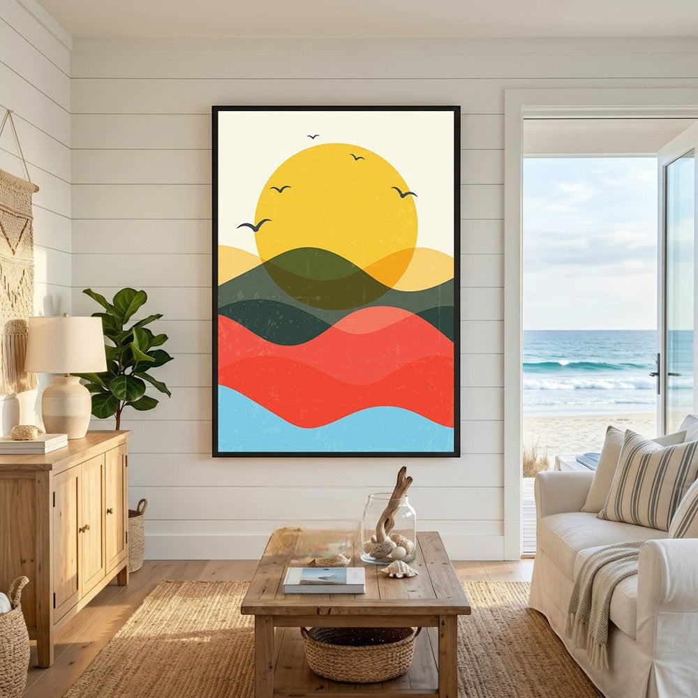 Wadi Home abstract landscape wall art print with sun, hills, and waves in a coastal living room.