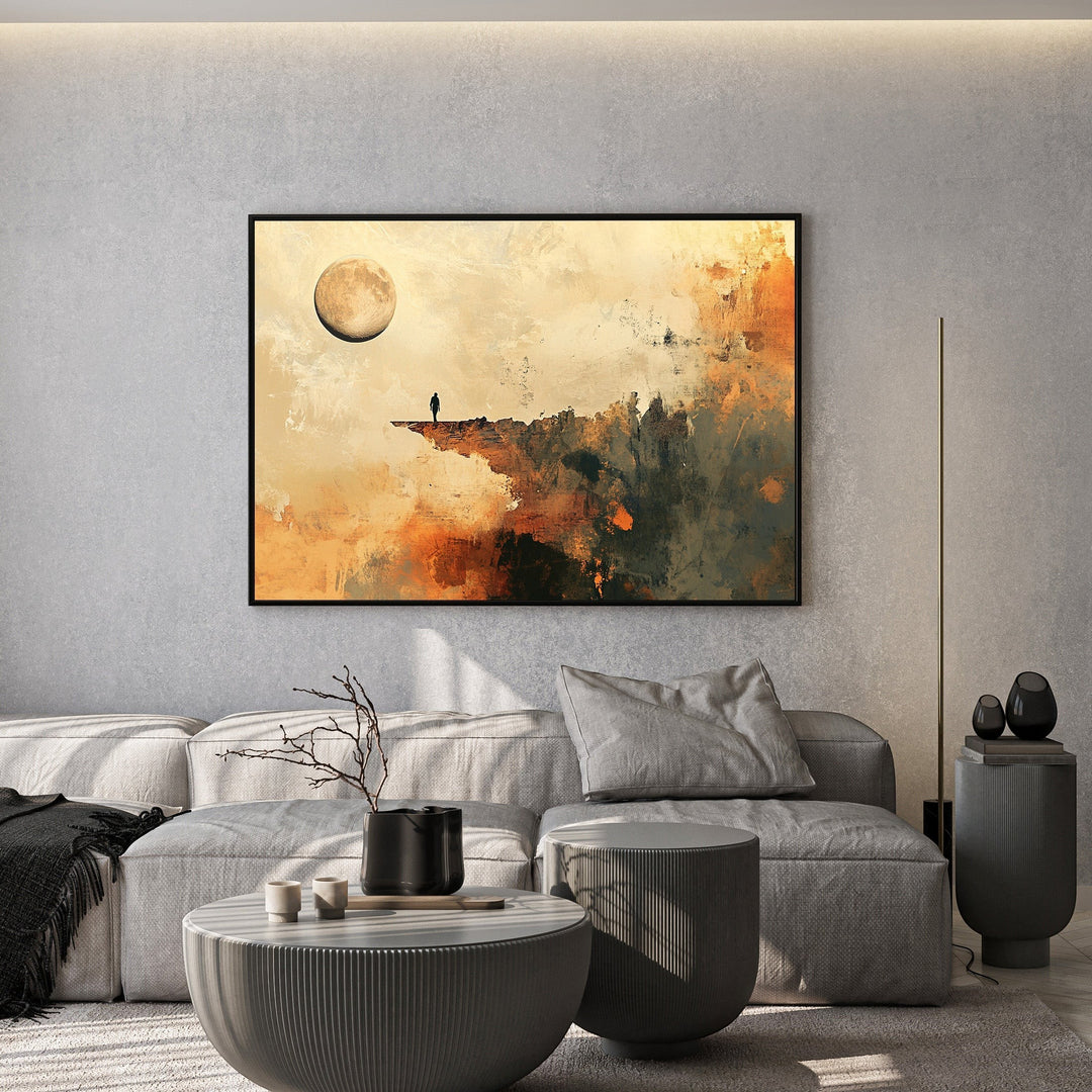 Wadi Home abstract landscape wall art featuring a lone figure on a cliff under a moon in a modern minimalist living room