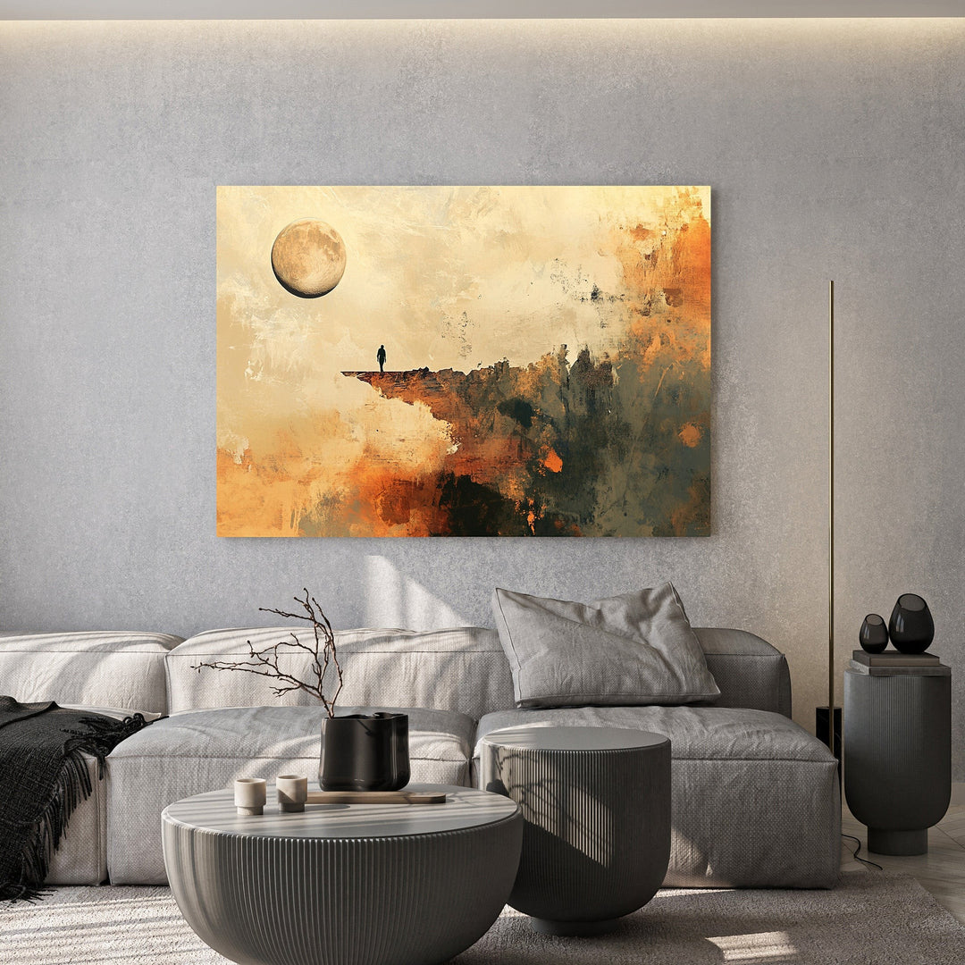 Wadi Home abstract landscape wall art print featuring a lone figure on a cliff under a moon in a modern living room.