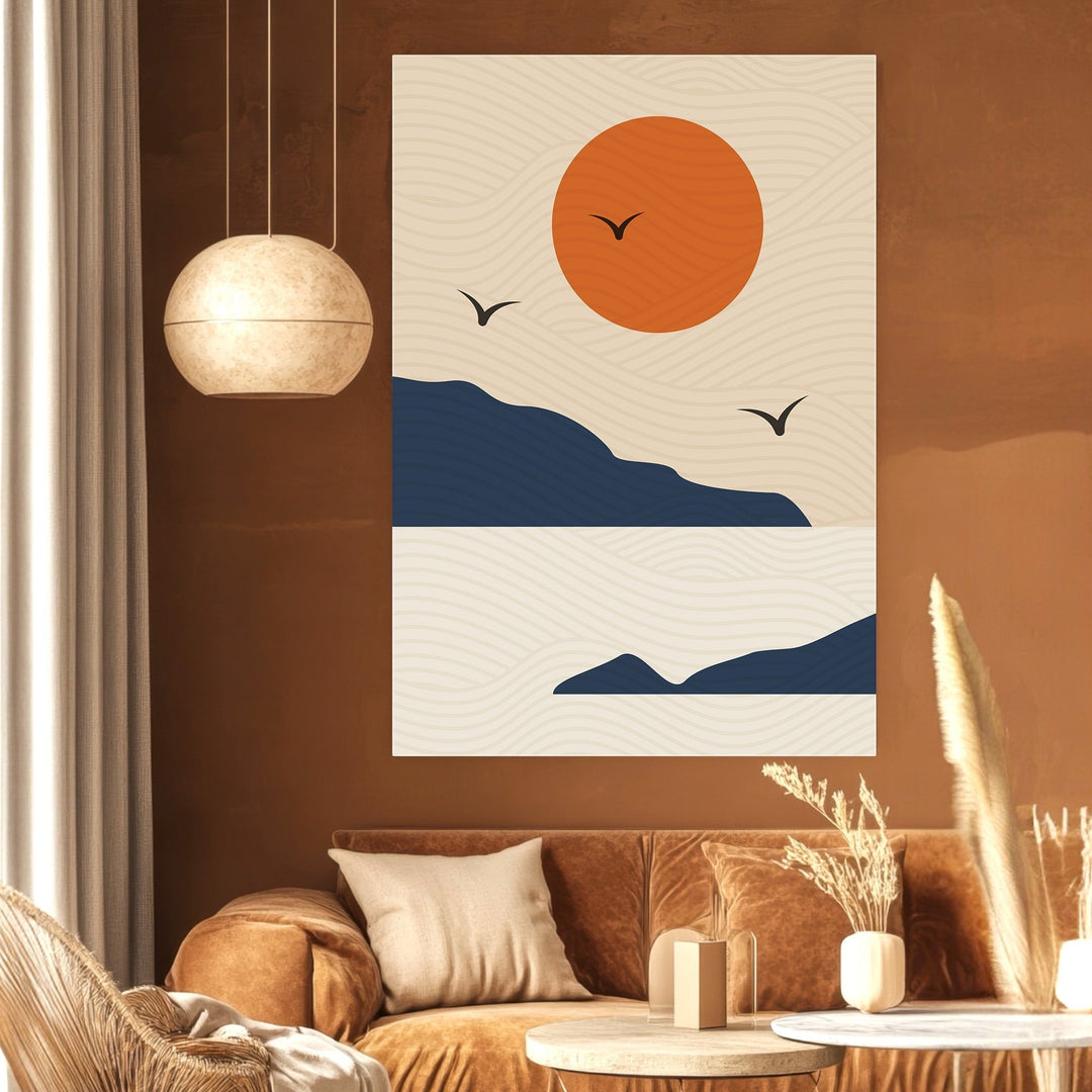 Wadi Home abstract landscape wall art print featuring a burnt orange sun and navy mountains on a cream textured background