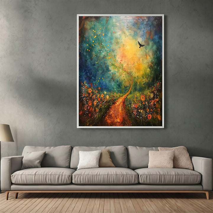 Wadi Home abstract landscape wall art featuring a vibrant meadow path and golden horizon in a sleek white frame.
