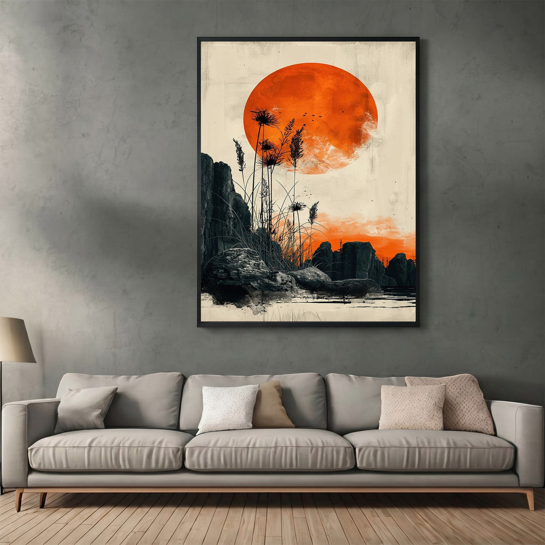 Wadi Home abstract landscape wall art featuring a large crimson sun, rock formations, and reeds in a modern living room.
