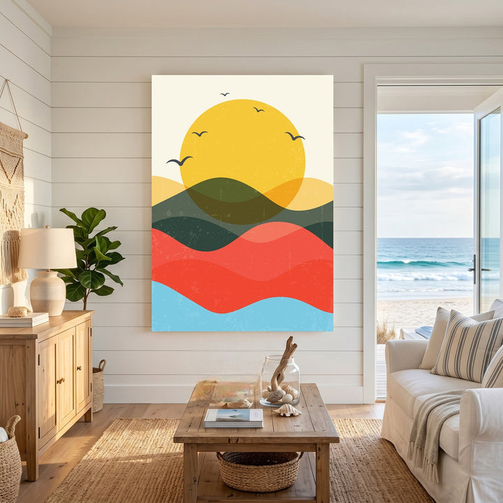 Wadi Home abstract landscape wall art featuring a golden sun over rolling hills and waves in a coastal living room.