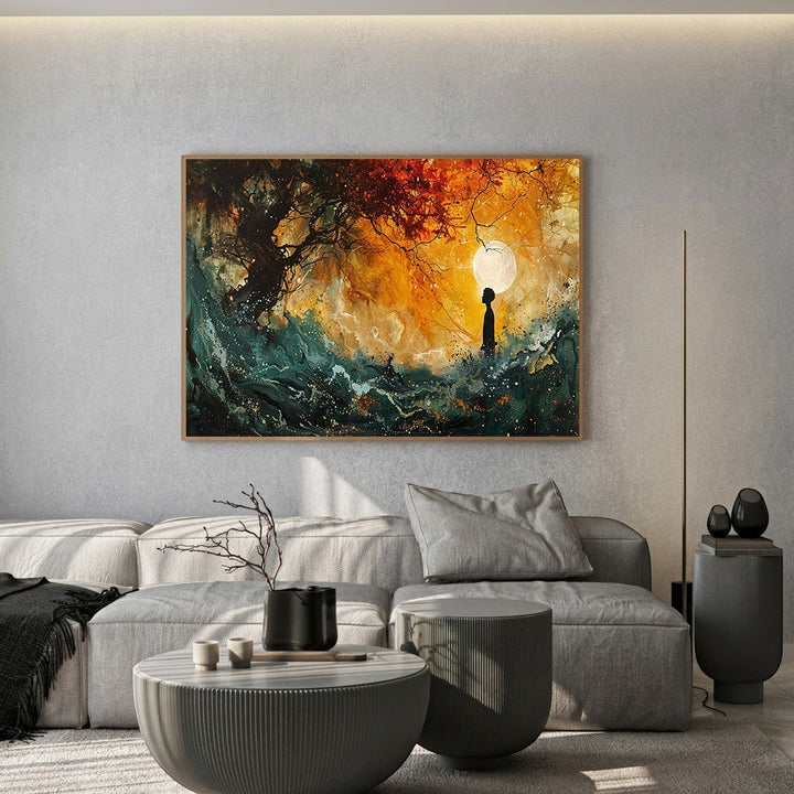 Wadi Home abstract landscape wall art featuring teal and orange forest scene hanging above a modern grey sofa