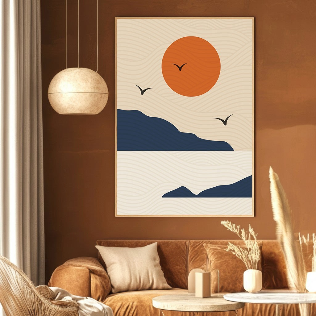 Wadi Home abstract landscape wall art print featuring a burnt orange sun and navy mountains in a modern living room.