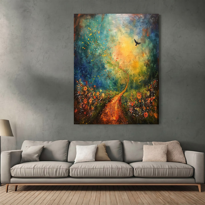 Wadi Home abstract landscape wall art featuring a textured meadow, golden horizon, and bird in a modern living room.