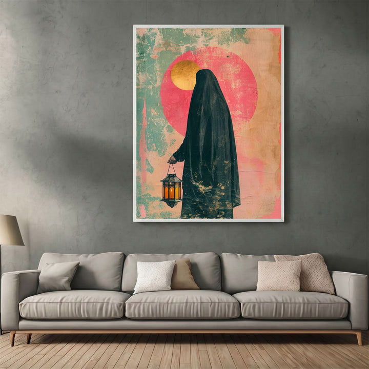 Wadi Home abstract wall art print featuring a silhouette figure with a lantern against a pink and teal sun motif.