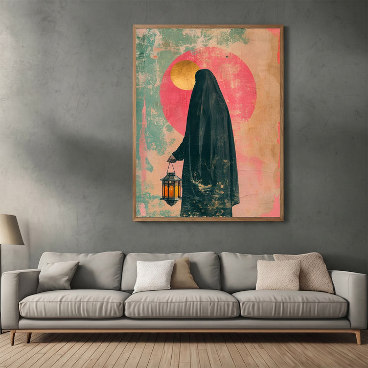 Wadi Home abstract wall art print featuring a silhouette figure with a lantern, golden sun, and teal and pink tones.
